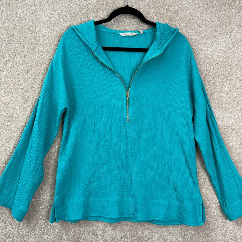 SOFT SURROUNDINGS Gauze Cotton Hoodie Women's Medium Teal Blue Half Zip Pullover - Picture 2 of 7